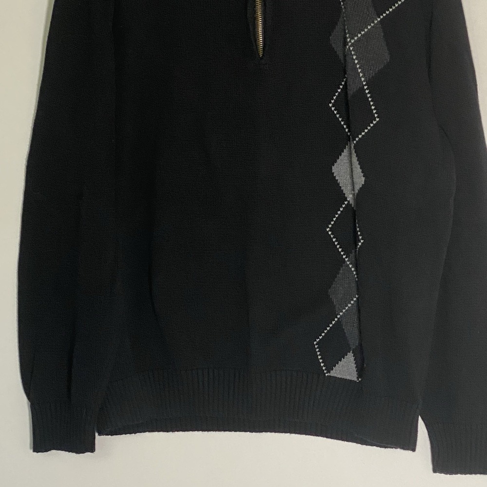 Oscar De La Renta Sweater Mens XL Black Argyle Tight Knit Quarter Zip Preppy‎ - Picture 4 of 16